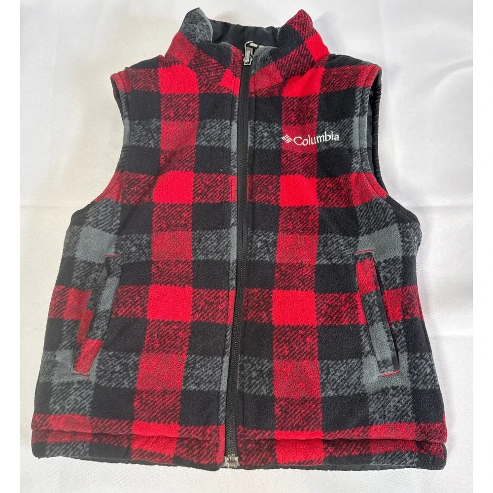 Columbia Boy Vest XXS Red Black Buffalo Check Reversible Quilted Fleece Gorpcore